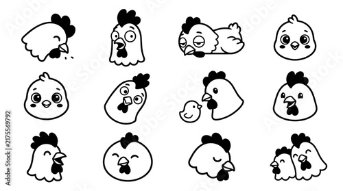 Set of simple outline chicken icons with various emotions, happy rooster and hen faces, funny poultry expressions, farmhouse animal stickers for