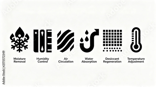 Dehumidification equipment icon, temperature controlled dehumidification, desiccant regeneration, suitable for industrial dehumidification equipment and home appliance parameter mapping.
