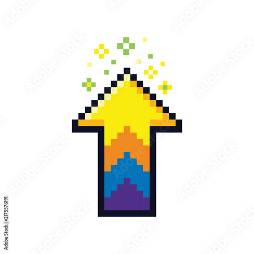 Level up arrow gaming icon, 8-bit pixel art style, vibrant vector colors, flat design, isolated on white background