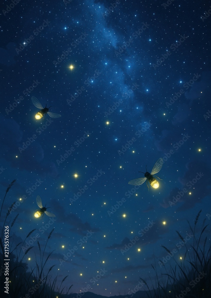 Fototapeta premium Magical night sky with fireflies.