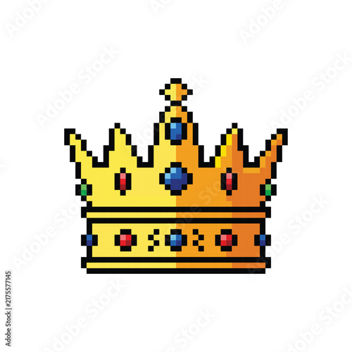 Crown gaming icon, 8-bit pixel art style, vibrant vector colors, flat design, isolated on white background
