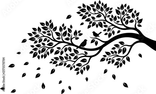 Black vector silhouette of a tree branch with dense foliage, leaves blowing in the wind, and two birds perched on twigs, ideal for wall sticker decal art