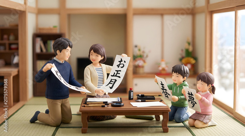 Plakat 和室で書き初めの作品を見せ合って楽しむ4人家族の3Dイラスト 