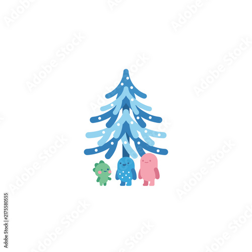 Stylized blue Christmas tree with three cute cartoon monsters, flat design, isolated on white background