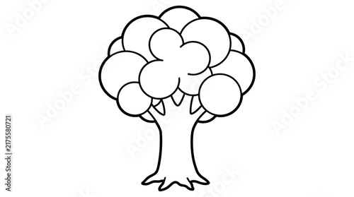 Stylized line art deciduous tree with rounded canopy and thick trunk, isolated on white background