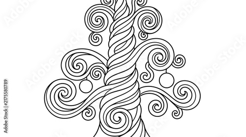 Whimsical black and white line art illustration of a decorative tree with swirling branches and circular ornaments, isolated on white.