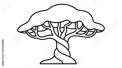 Whimsical twisted tree illustration, stylized outline graphic element, isolated on white background