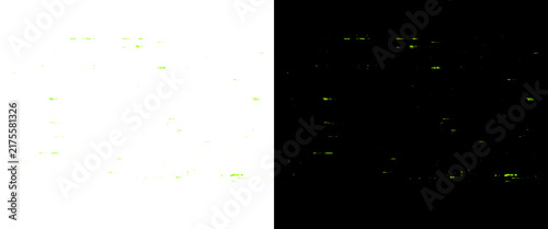 Abstract digital glitch texture, green noise and distortion overlay, VHS static effect on split black and white background