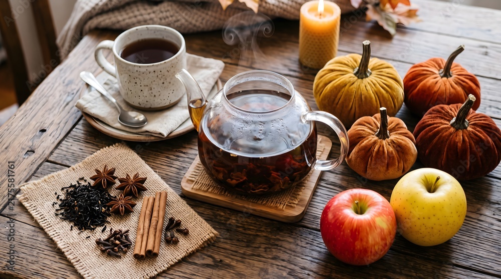 Fototapeta premium Cozy autumn tea setting with spices, pumpkins, and apples on wood