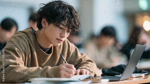 大学の教室で専門知識を学びながら勉学に励む学生の真剣な表情と教育イメージ