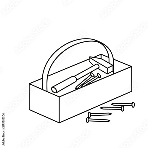 Toolbox with hammer, chisel, and nails