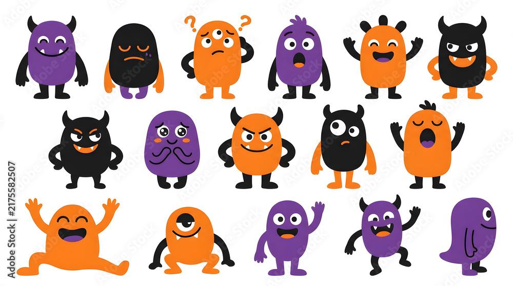 Fototapeta premium Cartoon monsters with different funny expressions