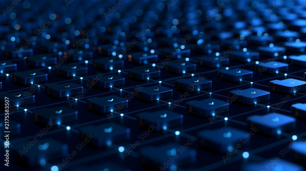 Fototapeta premium Grid of glowing blue digital folders with checkmarks connected in a vast network representing secure database storage and cloud computing infrastructure