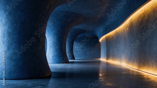 Futuristic Curved Blue Corridor With Ambient Lighting And Smooth Concrete Columns