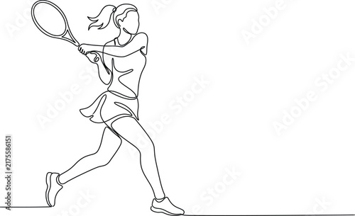 Black and white line drawing of a female tennis player swinging