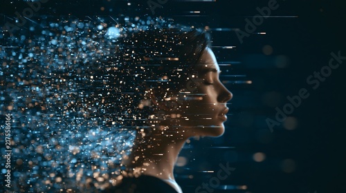 Profile of a woman dissolving into glowing digital pixels and light streaks symbolizing digital identity and advanced artificial intelligence