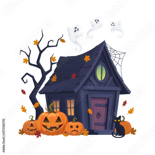 Spooky Halloween house with jack-o-lanterns and ghosts in autumn setting isolated on transparent background