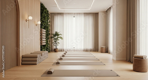 Serene boutique yoga studio interior with light-wood floor and plant wall, no people