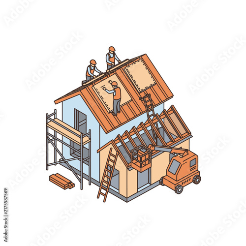Construction workers building a wooden house frame.