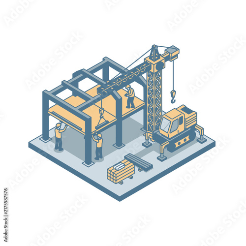 Isometric Construction Site with Workers and Machinery.