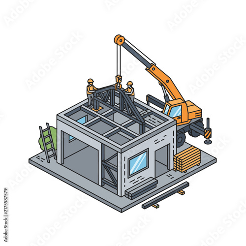 Construction workers building a prefab modular house with crane.