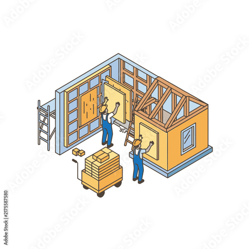 Construction workers building wooden house frame indoors.