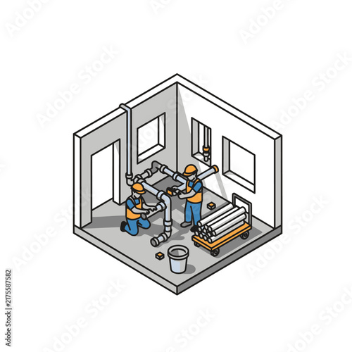 Construction workers renovating an empty room interior.