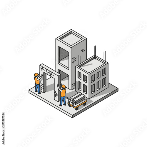 Isometric illustration of industrial construction site with workers and equipment.