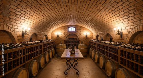 Cozy wine cellar tasting room interior with vaulted brick ceiling and oak barrels, no people