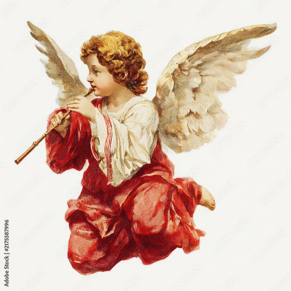 Fototapeta premium Angel playing flute illustration.
