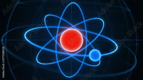 Glowing atomic structure with orbiting electrons and bright red nucleus on dark background