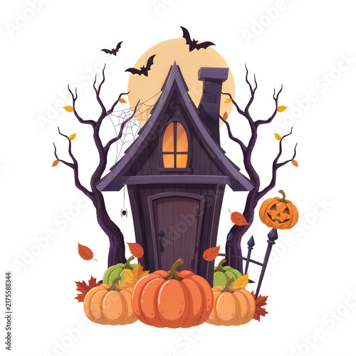 Spooky Halloween house with pumpkins and bats during a full moon isolated on transparent background