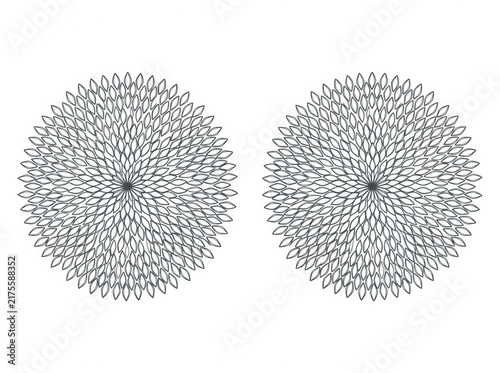 Dos patrones circulares idénticos con diseño geométrico complejo tipo mandala, formados por líneas finas entrelazadas en color gris sobre un fondo blanco limpio, ideal para diseño gráfico y texturas.