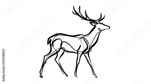 Dibujo lineal minimalista de un ciervo majestuoso con astas grandes, creado con un trazo fluido y continuo sobre un fondo blanco limpio, capturando la elegancia y la esencia de la vida silvestre