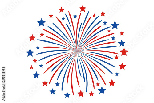 Ilustración vectorial de fuegos artificiales patrióticos con estrellas rojas y azules sobre un fondo blanco limpio, ideal para celebraciones del cuatro de julio o eventos nacionales de Estados Unidos.