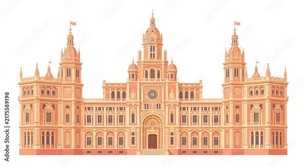 Fototapeta premium Grand historic palace building with clock tower isolated on white background
