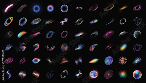 Abstract holographic shapes and light streaks against a dark background