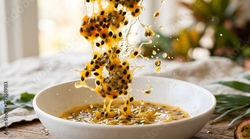 Fresh passion fruit pulp falling into a white bowl in mid-air motion.