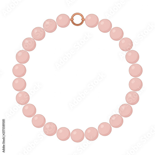 Un elegante collar de perlas de color rosa suave dispuesto en forma circular perfecta con un cierre metálico dorado, aislado sobre un fondo blanco limpio, ideal para diseño de moda y joyería fina.