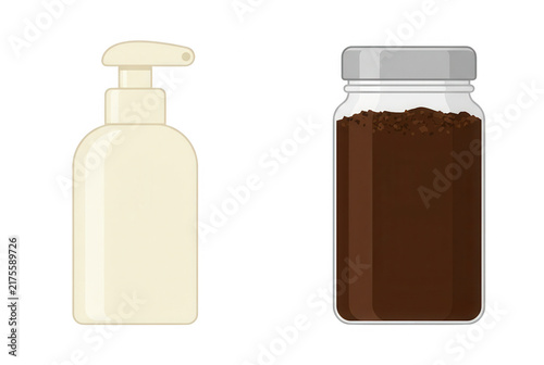 Ilustración vectorial de una botella con dispensador de bomba para loción y un frasco de vidrio con exfoliante de café, aislados sobre fondo blanco.