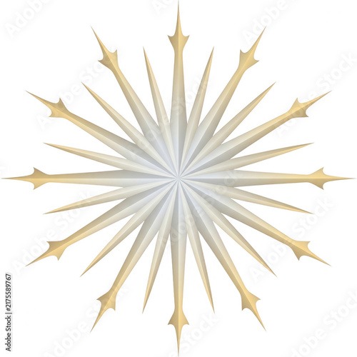 Elemento gráfico de estrella tridimensional con destellos dorados y plateados en diseño radial simétrico, aislado sobre fondo blanco para proyectos de diseño.