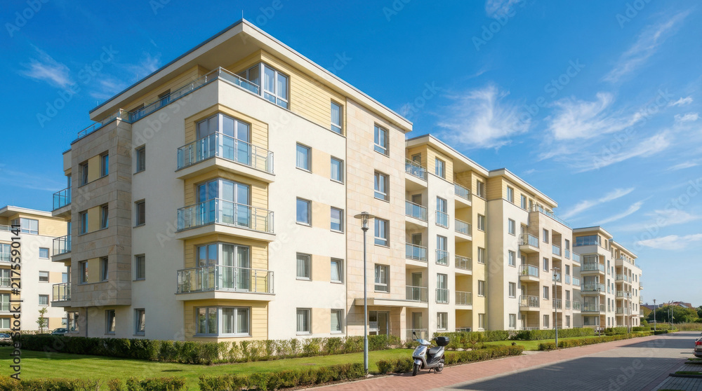 Fototapeta premium Modern residential apartment building complex with balconies under a bright blue sky on a sunny day