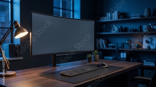 Modern Home Office Workspace with Wide Curved Monitor and Cinematic Lighting on Wooden Desk