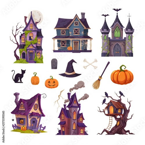 Spooky Halloween houses with pumpkins and bats during a full moon isolated on transparent background