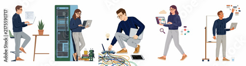 Set of IT Professionals and Software Developers: Flat Vector Illustrations of Tech Experts Working on Coding, Server Maintenance, Networking, and Data Analysis for Business Use.