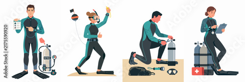 Vector Illustration Set of Scuba Divers in Wetsuits Preparing Equipment, Showing Certification Cards, and Conducting Safety Checks for Underwater Diving Courses and Marine Activities