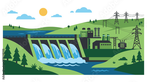 Hydroelectric power plant dam generating green renewable energy vector.