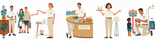 Professional Hotel and Resort Staff Set Providing Hospitality Services to Guests, Featuring Reception Check-in, Concierge Assistance, Waitress with Drinks, and Information Desk Illustrations.