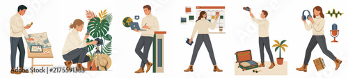 Vector Illustration Set of People Planning Travel, Working as Digital Nomads, Packing Suitcases, Photography and Content Creation Hobbies in Flat Design Style
