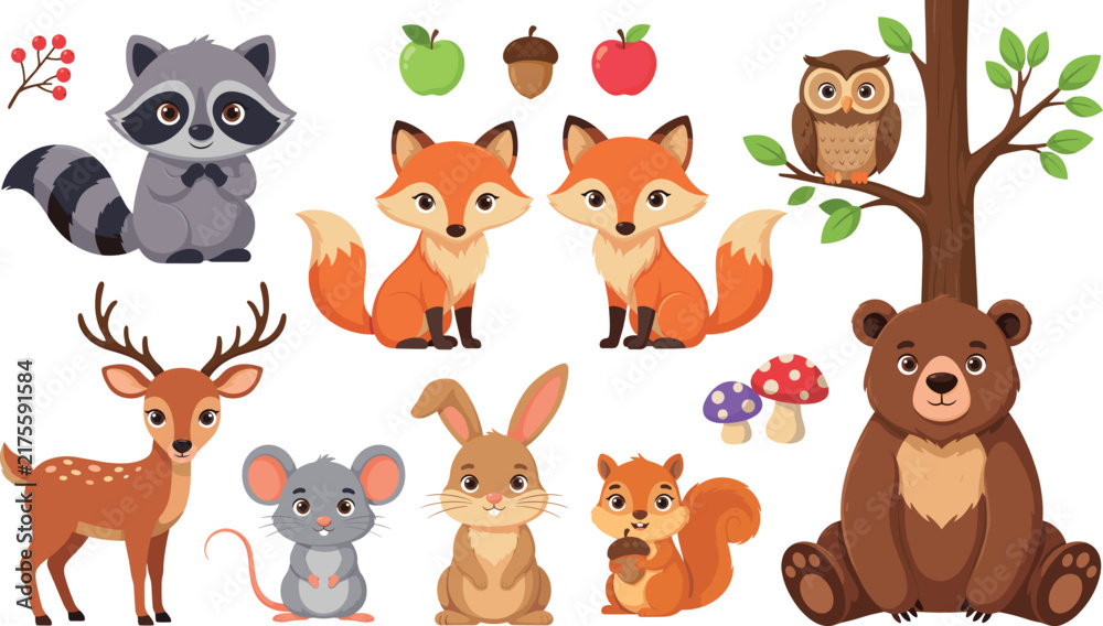 Fototapeta premium Cute woodland forest animals vector illustration set featuring raccoon foxes owl deer rabbit squirrel and bear on white